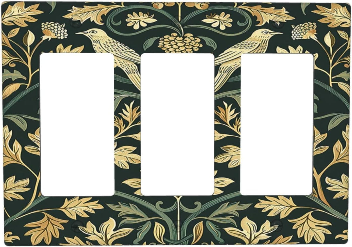 Light Switch Covers William Morris Vintage Botanical Birds Golden Green Leaves 3 Gang Rocker