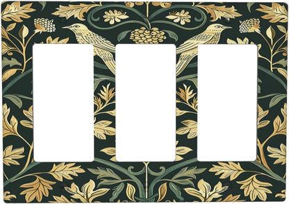 Light Switch Covers William Morris Vintage Botanical Birds Golden Green Leaves 3 Gang Rocker