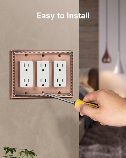 2-Pack Triple Decorator Outlet Cover Plate, Antique Copper Pearls Decorative Switch Plates and