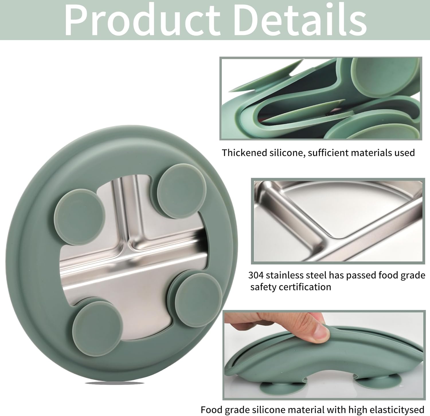 3Pack Sainless Steel Kids Plates with Suction, 8.1” Divided Toddler Baby Plates with Removable