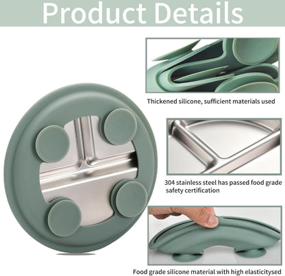 3Pack Sainless Steel Kids Plates with Suction, 8.1” Divided Toddler Baby Plates with Removable