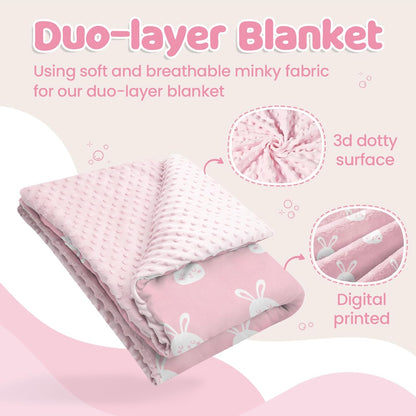 Rabbit Minky Baby Blanket 30 x 40 Inches for Girls, Soft Plush Receiving Blanket with Dotted Back