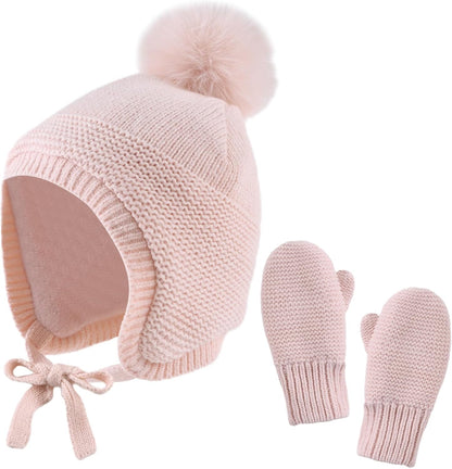 Basic Winter Baby Beanie Gloves Boys Girls Knitted Hat Pompom Kids Earflap Hats Warm Infant Toddler