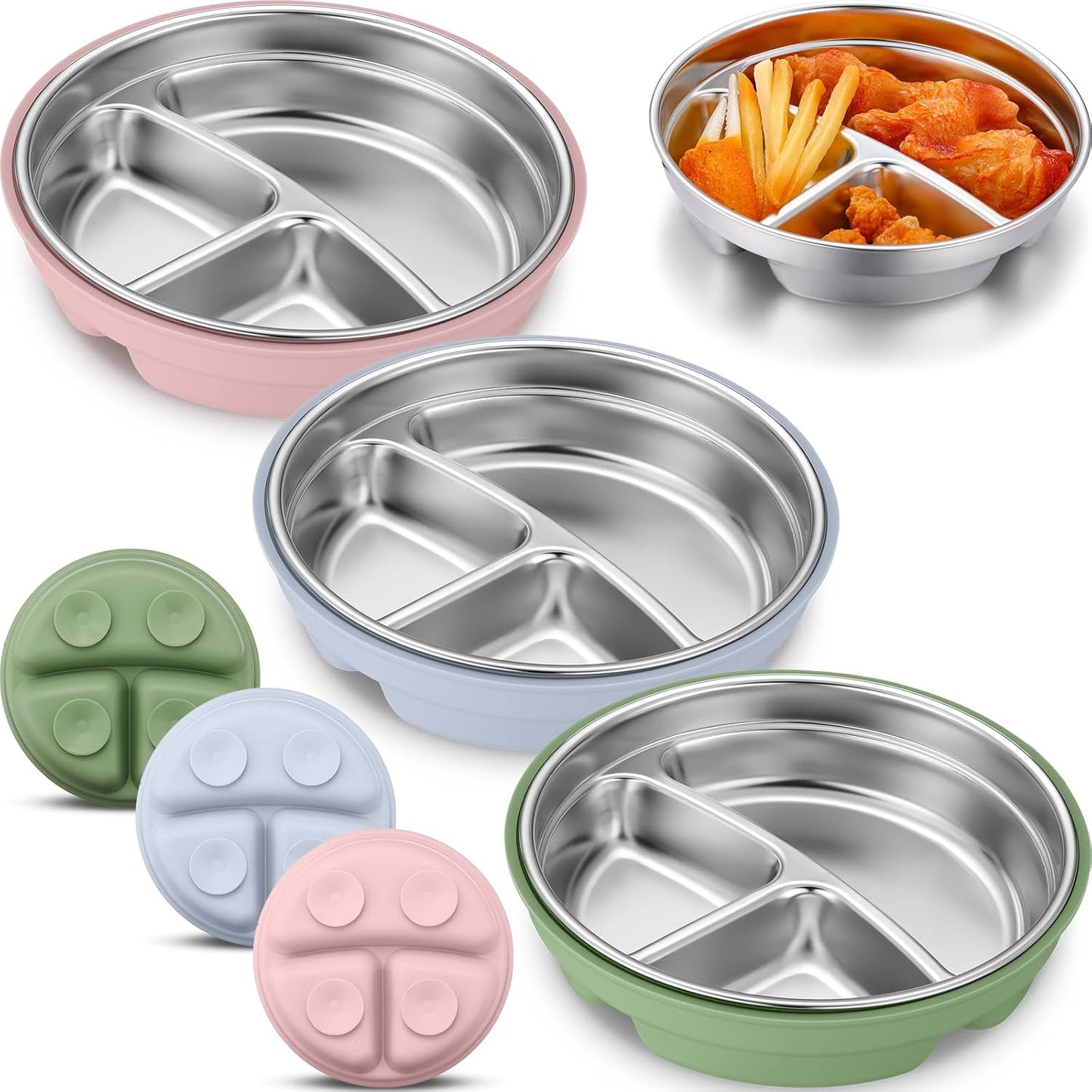 Nuogo 3 Pcs Stainless Steel Baby Suction Plates with Removable Silicone Shell 2-in-1 Metal Toddler