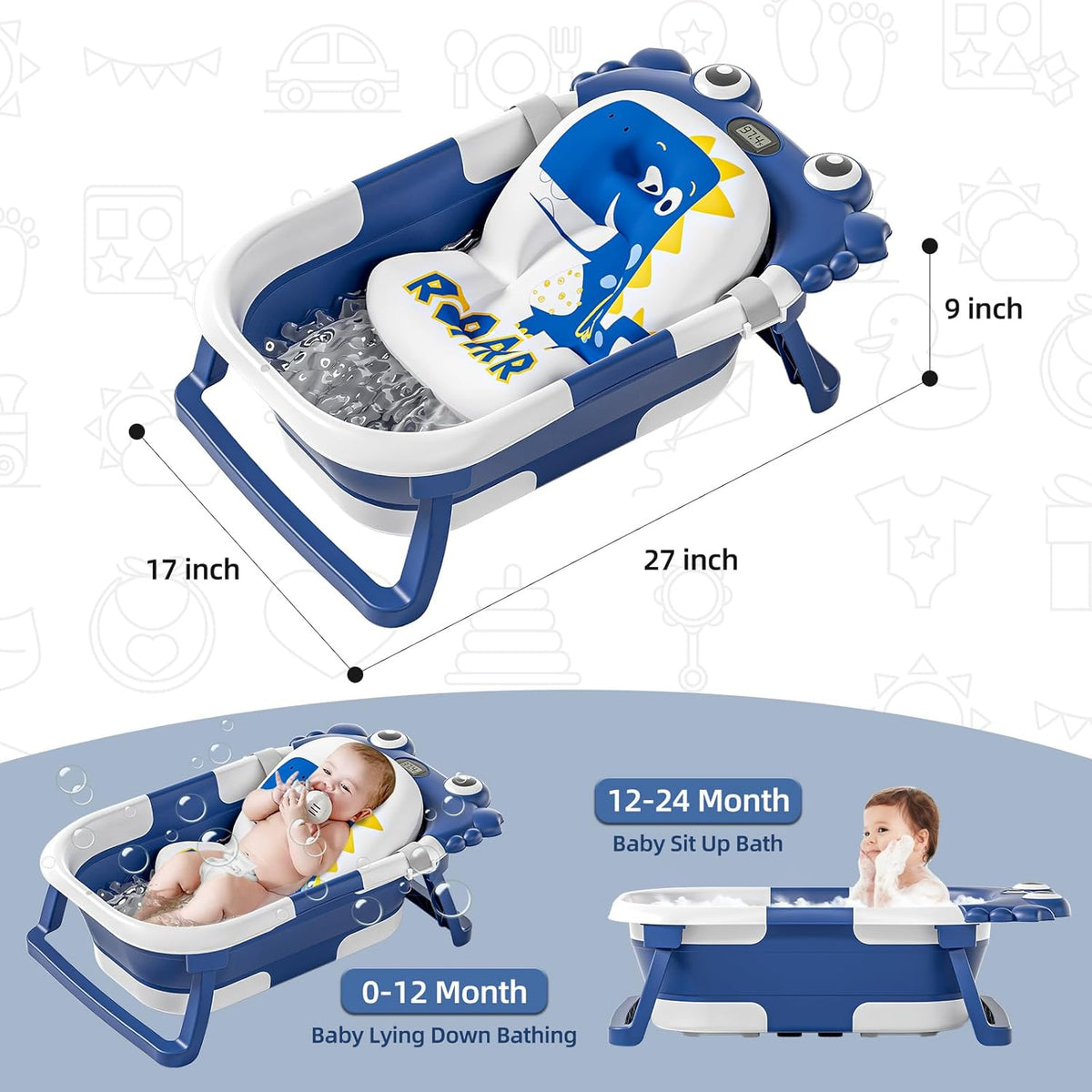 Collapsible Baby Bathtub for Newborns to Toddler with Real-time Temp Monitor & Floating