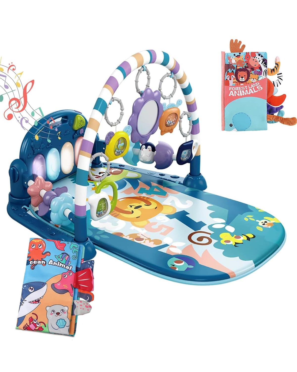 dearlomum Baby Play Mat Gym,Funny Play Piano Tummy Time Activity Mat with 5 Infant Sensory Toys & 2