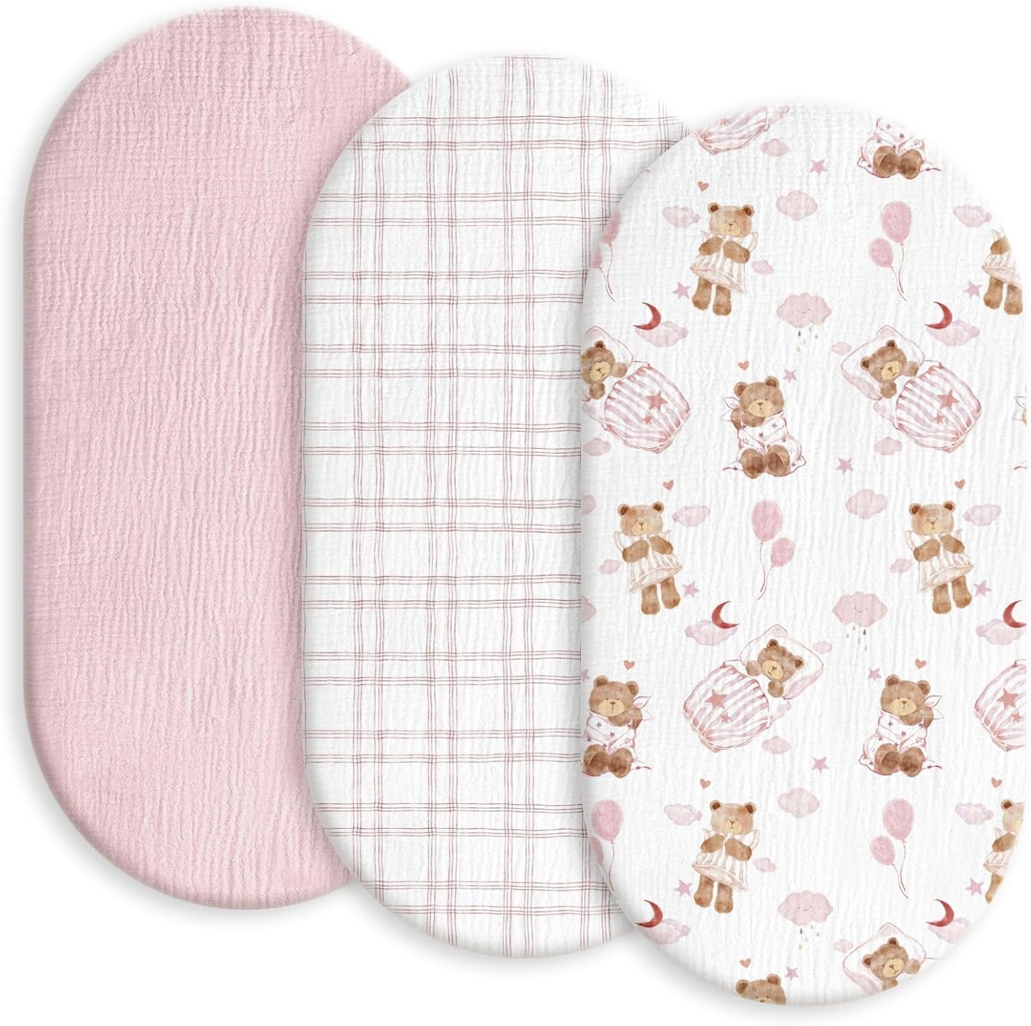 Gllquen Baby Muslin Bassinet Sheets 3 Pack, Breathable Elastic Cozy Fitted Cotton Bassinet Mattress