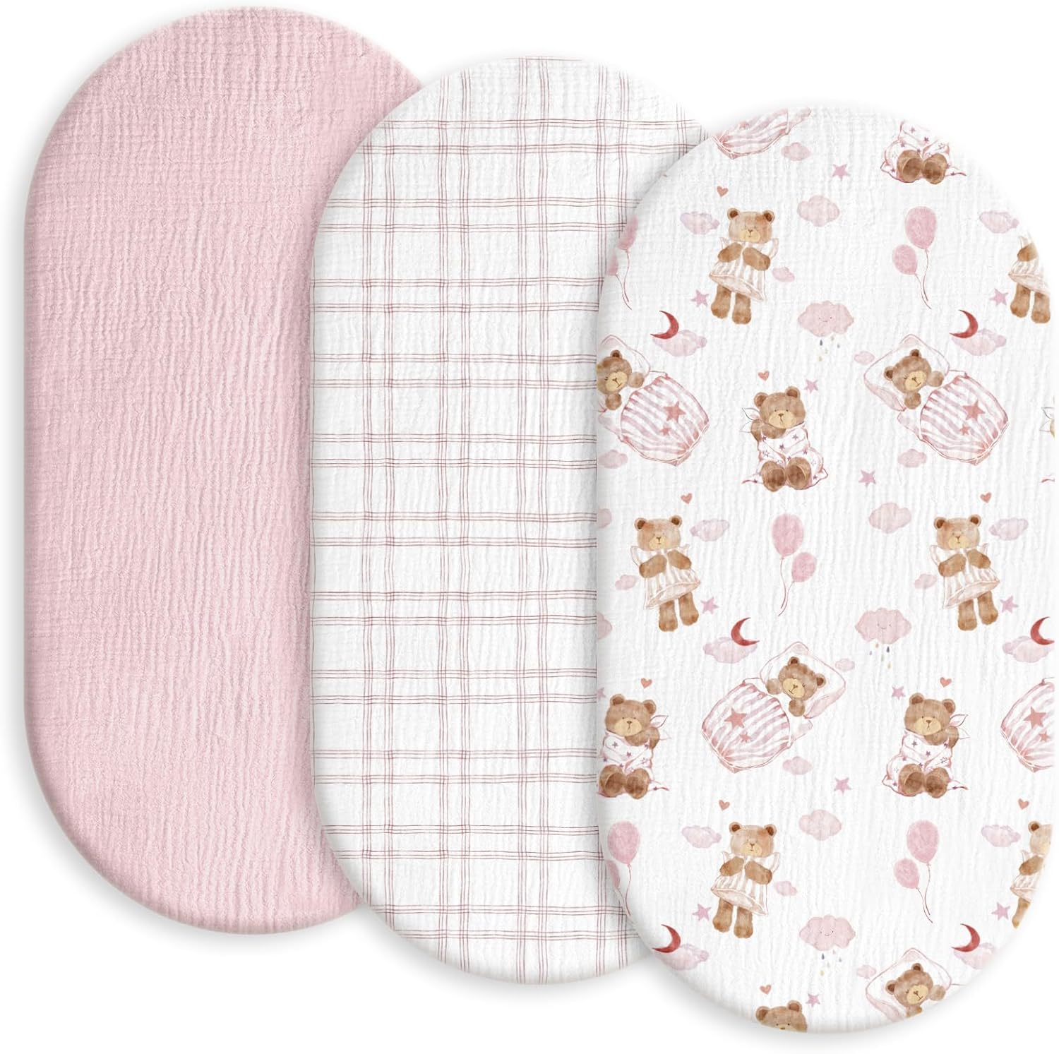 Gllquen Baby Muslin Bassinet Sheets 3 Pack, Breathable Elastic Cozy Fitted Cotton Bassinet Mattress