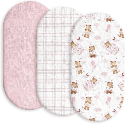 Gllquen Baby Muslin Bassinet Sheets 3 Pack, Breathable Elastic Cozy Fitted Cotton Bassinet Mattress