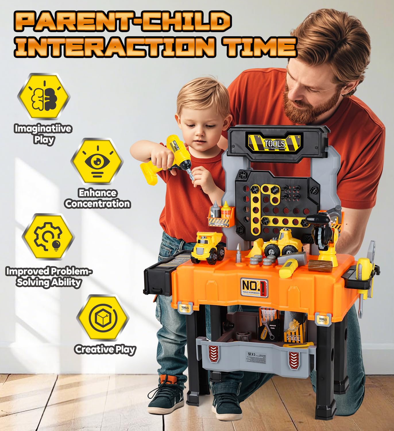 Lehoo Castle Kids Tool Bench with Electric Drill, Realistic Tools, Trucks