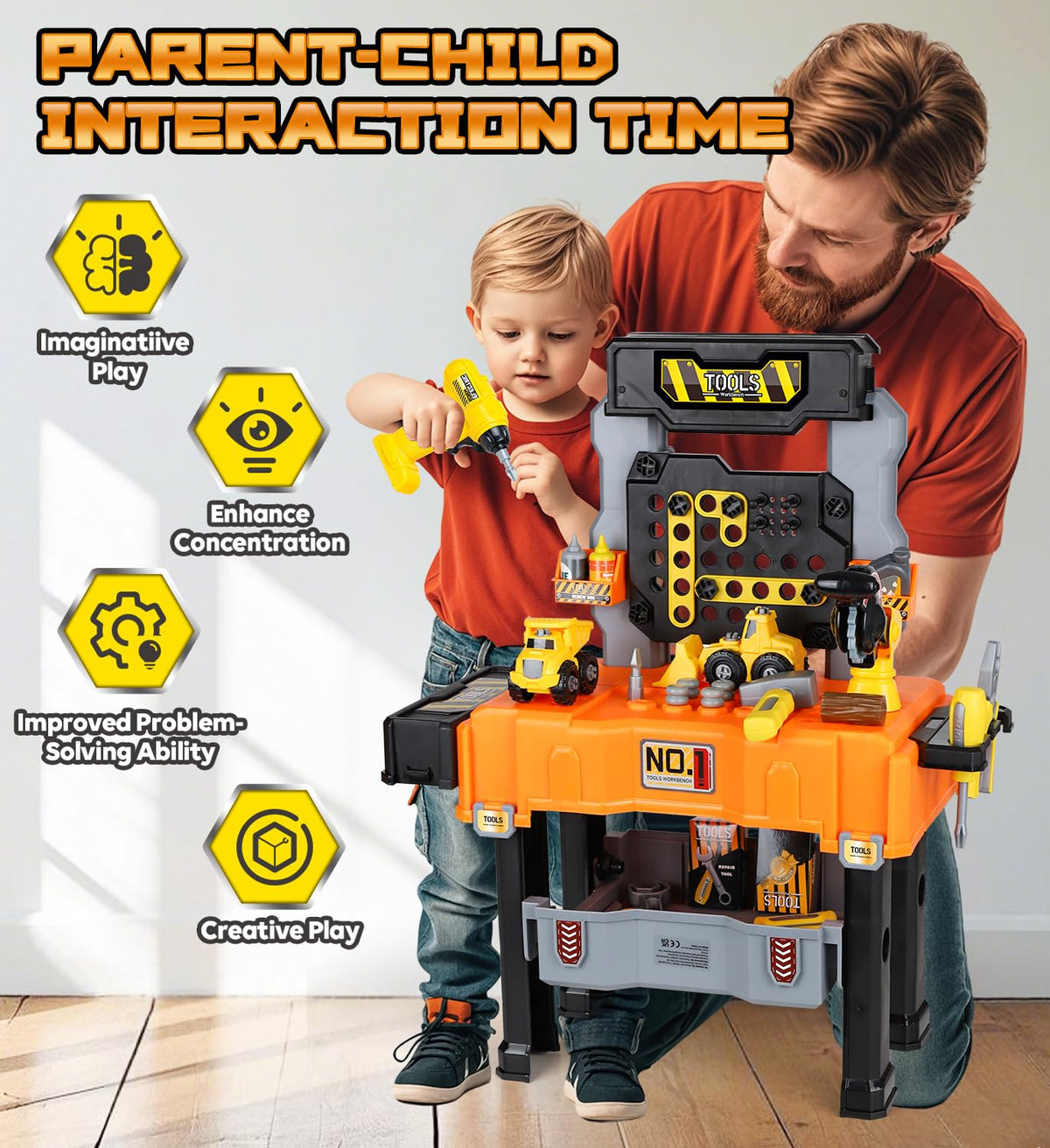 Lehoo Castle Kids Tool Bench with Electric Drill, Realistic Tools, Trucks