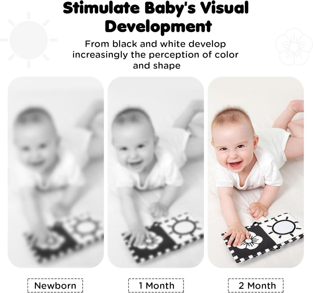URMYWO Black and White Tummy Time High Contrast Newborn Toys 0-3 Months, Soft Baby Book, Visual