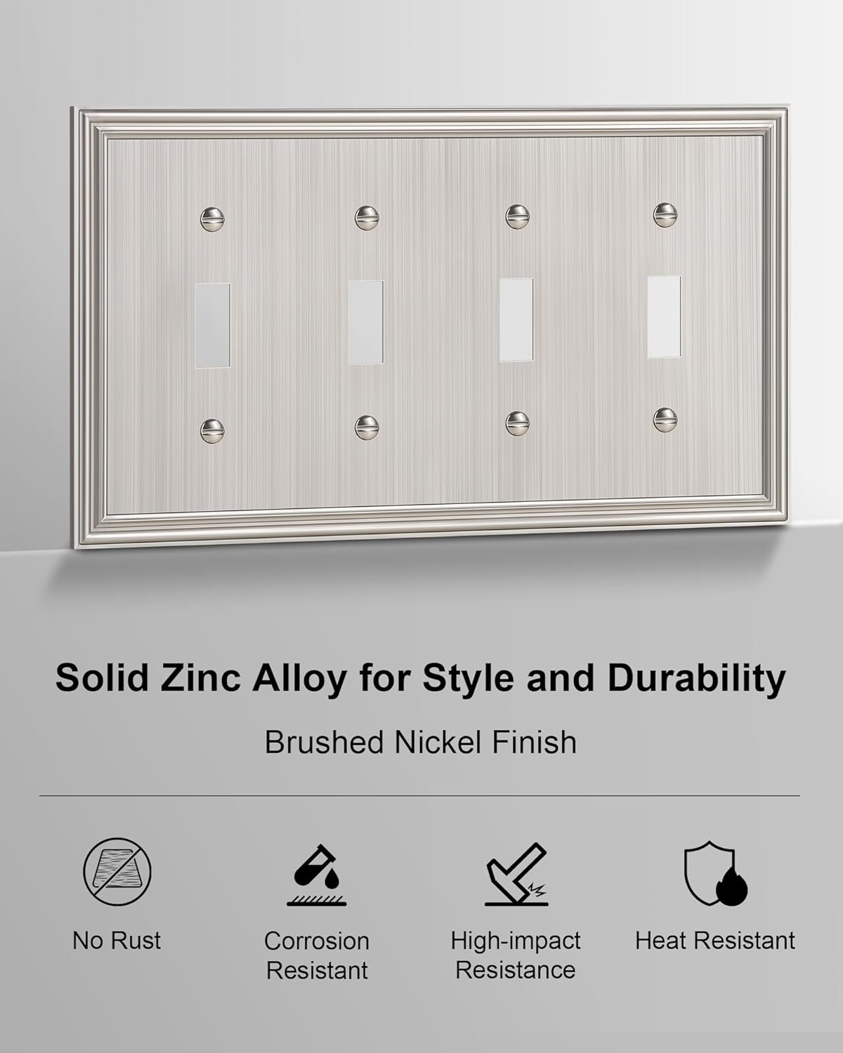 2-Pack Quad Toggle Light Switch Cover Plate, Durable Zinc Alloy Decorative Switch Plate Covers