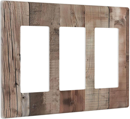Decorative Outlet Covers Retro Wood Plank Vintaga Wooden Board 3 Gang Wall Plate Triple Rocker