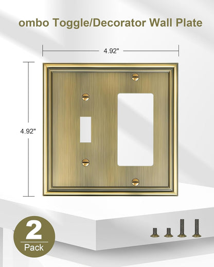 2-Pack Combo Toggle/Decorator Light Switch Cover Plate, Antique Brass Decorative Electrical Outlet