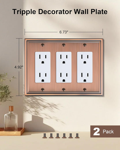 2-Pack Decorative Tripple Decorator Outlet Cover Plate, Durable Zinc Alloy Antique Copper Wall