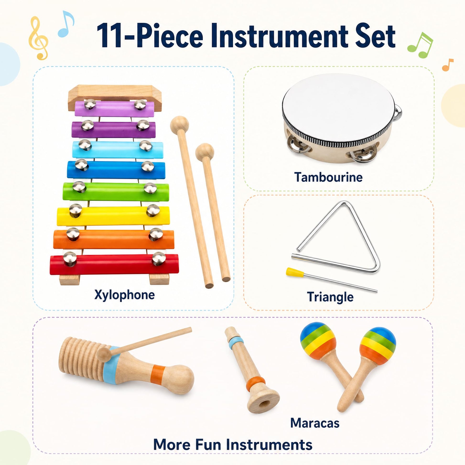 Montessori Wooden Musical Instruments for Toddlers, Educational Baby Drum Set with Xylophone &