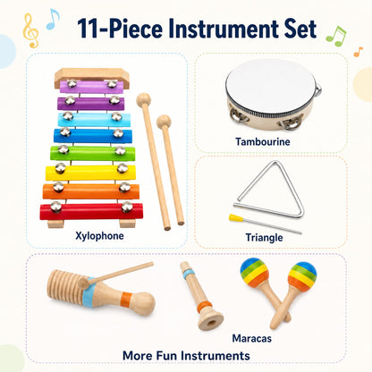 Montessori Wooden Musical Instruments for Toddlers, Educational Baby Drum Set with Xylophone &