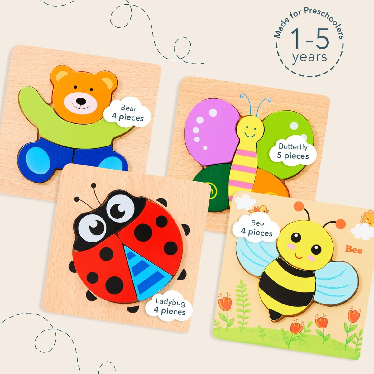 MAGIFIRE Toddler Wooden Puzzle Set - 4-Pack 5.7 x 5.7 Inch Multicolor Wood - Chunky Pieces for