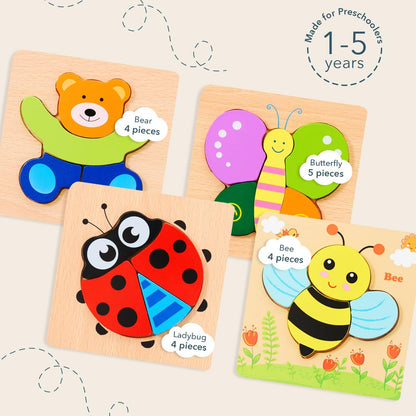 MAGIFIRE Toddler Wooden Puzzle Set - 4-Pack 5.7 x 5.7 Inch Multicolor Wood - Chunky Pieces for