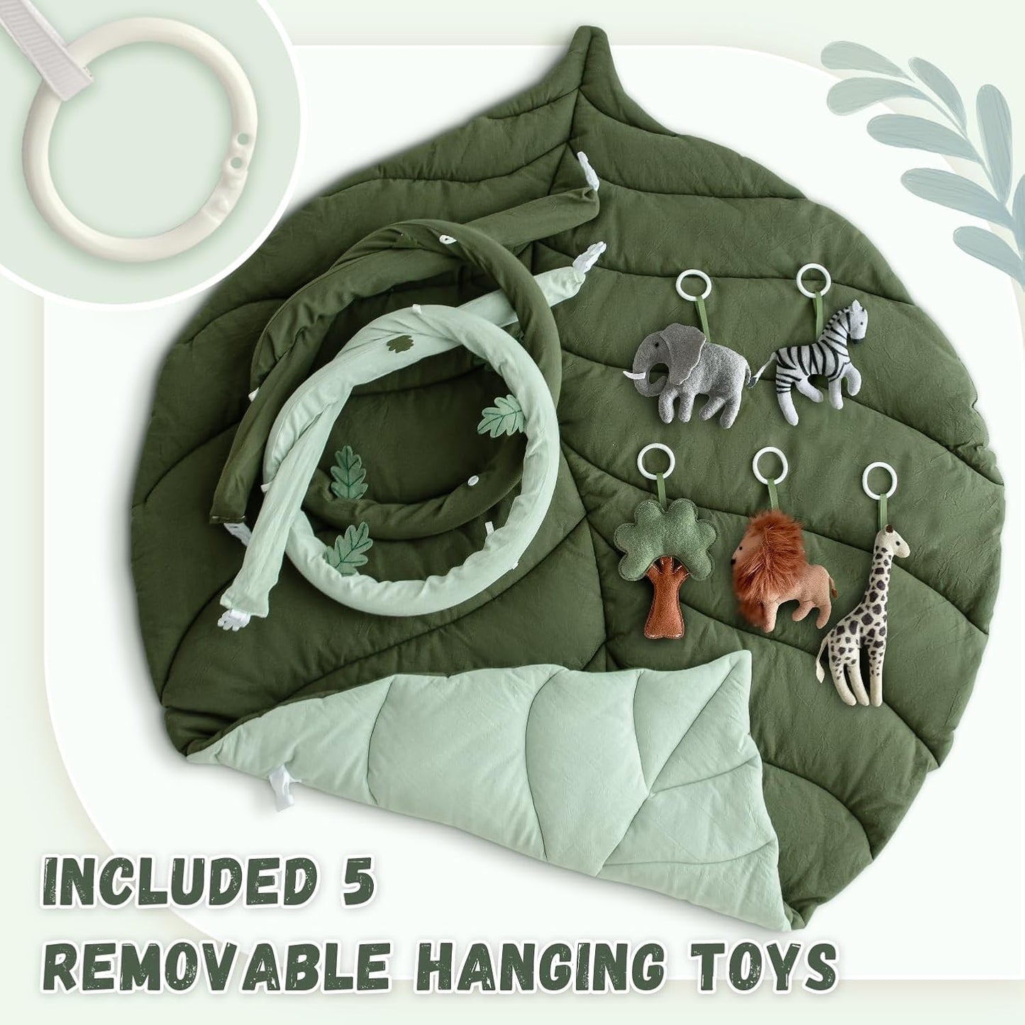 Baby Play Gym with Mat Leaf Shaped, Baby Play Mat with 6 Hanging Toys Tummy Time Mat, Baby Gym