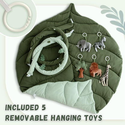 Baby Play Gym with Mat Leaf Shaped, Baby Play Mat with 6 Hanging Toys Tummy Time Mat, Baby Gym
