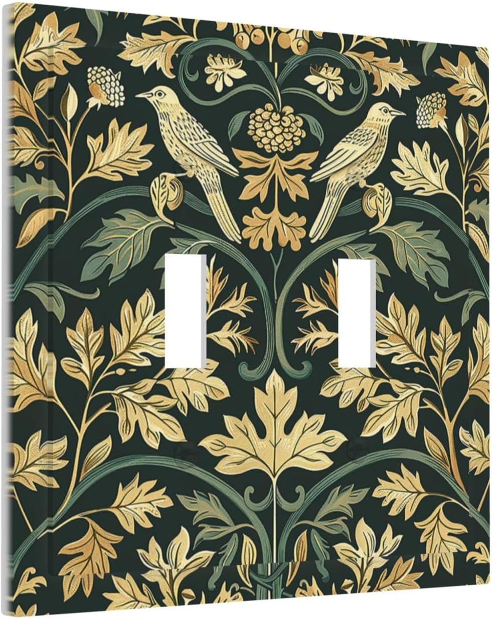 Decorative Switch Plates William Morris Vintage Botanical Birds Golden Green Leaves 2 Gang Double