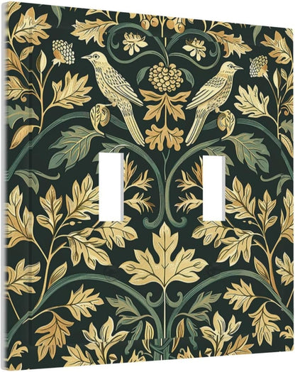 Decorative Switch Plates William Morris Vintage Botanical Birds Golden Green Leaves 2 Gang Double