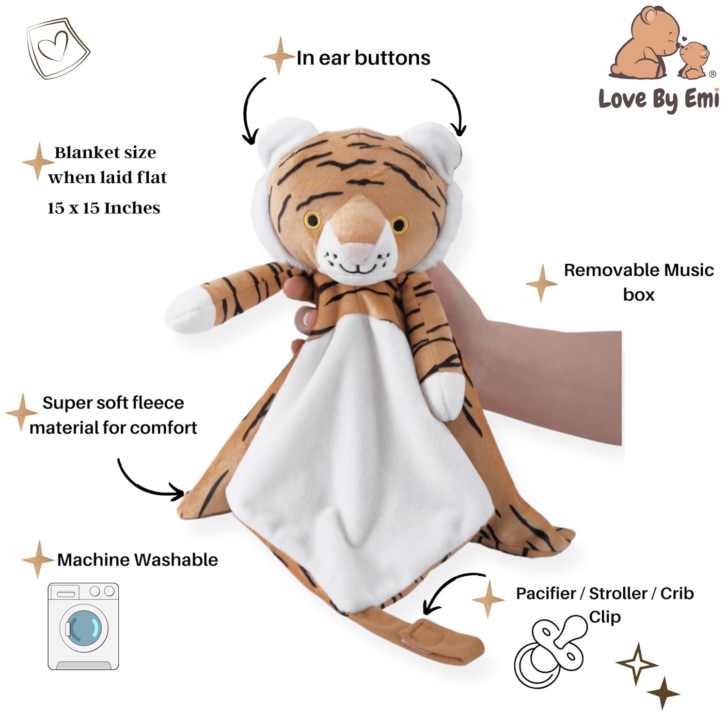 4-in-1 Sound Machine, Baby Lovey, Blanket - White Noise & Lullaby Plush Tiger - Calms & Reduces