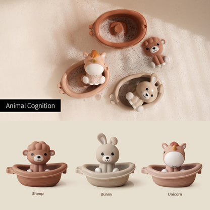 Nueplay Bathtub Toys for Toddlers 18M+，Baby Bath Toys with Animal Finger Puppets，Stackable Boat