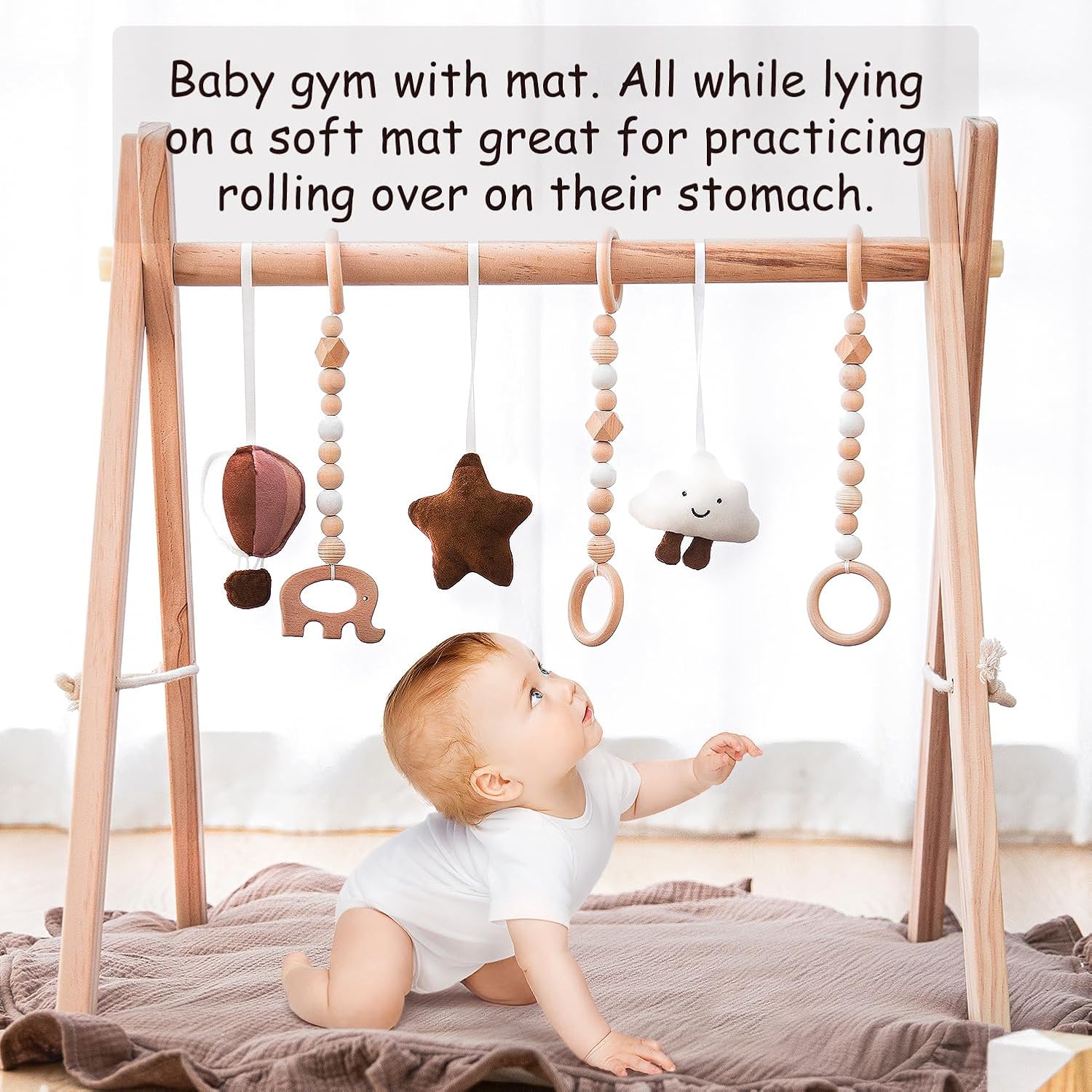 Razee Wooden Baby Play Gym Play Mat, Foldable Baby Gym with 6 Hanging Sensory Toys for Newborn