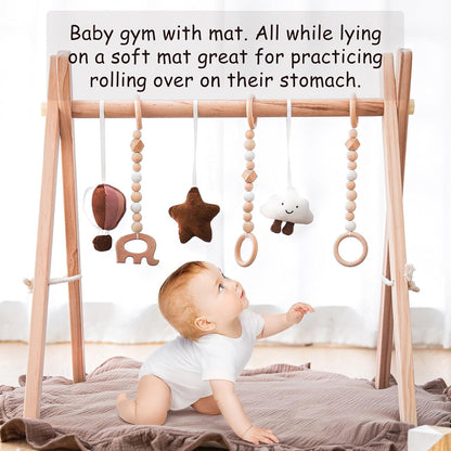 Razee Wooden Baby Play Gym Play Mat, Foldable Baby Gym with 6 Hanging Sensory Toys for Newborn