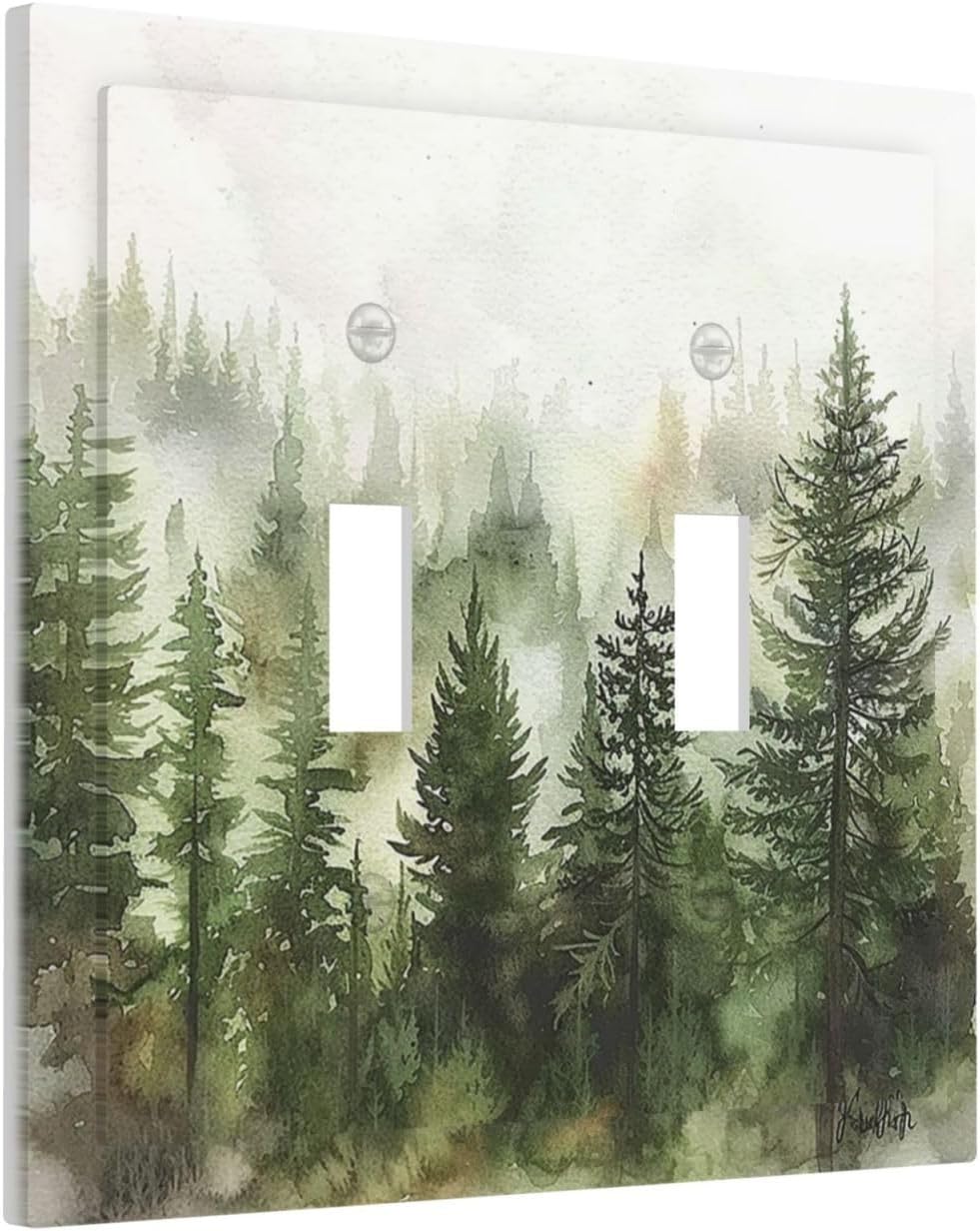 Decorative Switch Plates Green Forest Watercolor Painting Foggy Pine 2 Gang Double Toggle Outlet