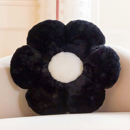 Black Flower Shaped Throw Pillow with Faux Rabbit Fur, 14.9" Soft Plush Throw Pillow for Bedroom &