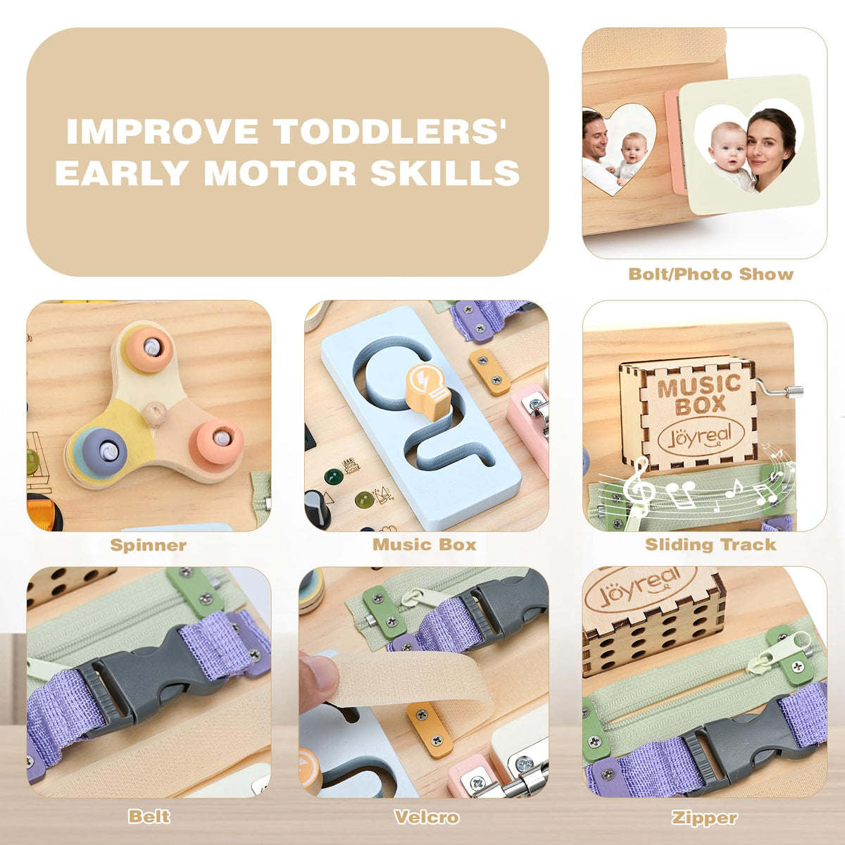 Joyreal Wooden Busy Board Montessori Toys for Toddlers, Sensory Activity Board with LED Lights