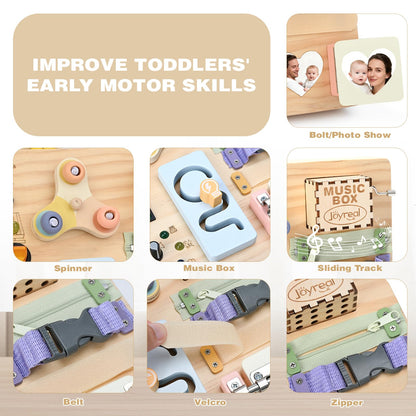 Joyreal Wooden Busy Board Montessori Toys for Toddlers, Sensory Activity Board with LED Lights