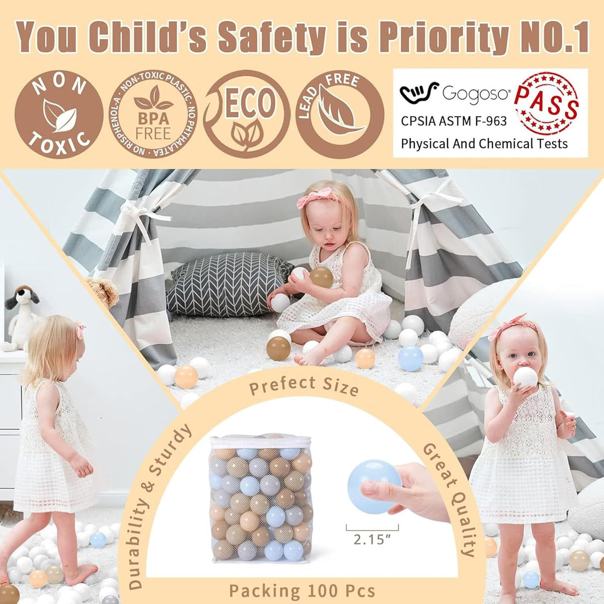 GOGOSO Ball Pits Balls for Toddlers Pack of 50 100 200 Plastics Shape Ball Non-Phthalate Non-BPA