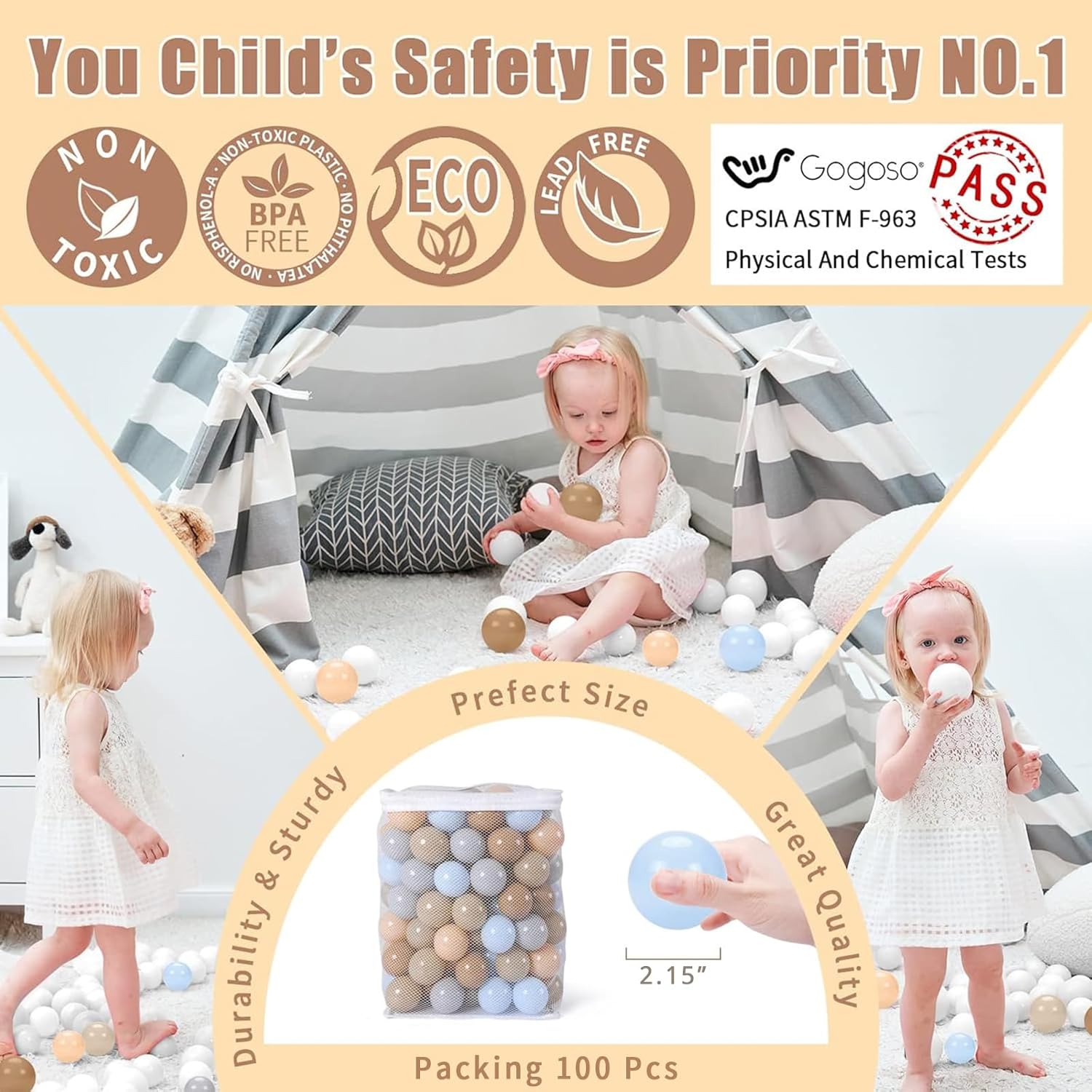 GOGOSO Ball Pits Balls for Toddlers Pack of 50 100 200 Plastics Shape Ball Non-Phthalate Non-BPA