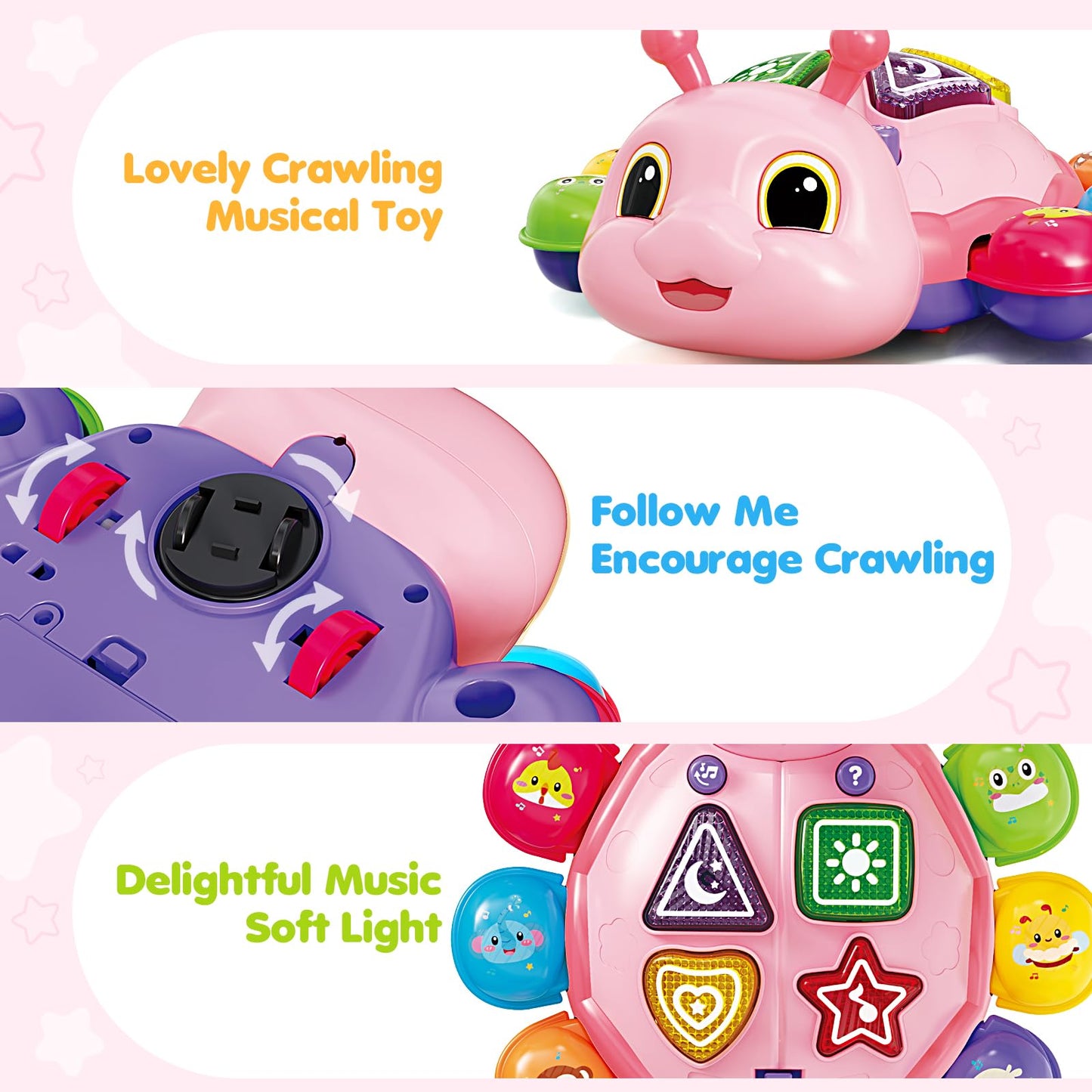 Baby Toys 6-12 Months, Musical Crawling Infant Toys with Lights Sound, Pink