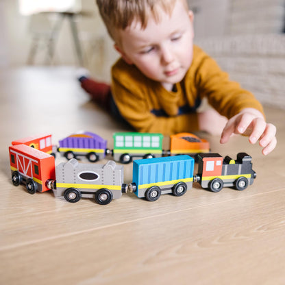 Melissa & Doug Wooden Train Cars, 8-Piece Magnetic Train Set with Toy Storage Tray, Steam Engine