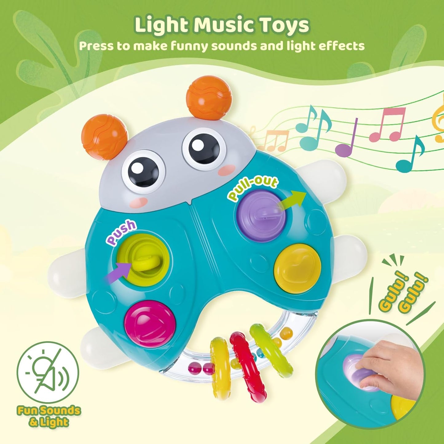 Ladybug Baby Light Up Toys with Rattle Led Light Music, Interactive Educational Fine Motor