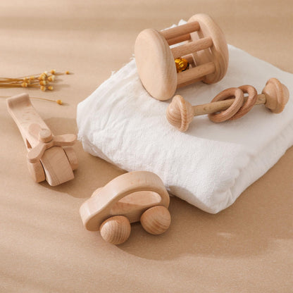 Wooden Baby Rattle Set - Montessori Grip Toy for Newborns, Natural Wood Gift Set of 3