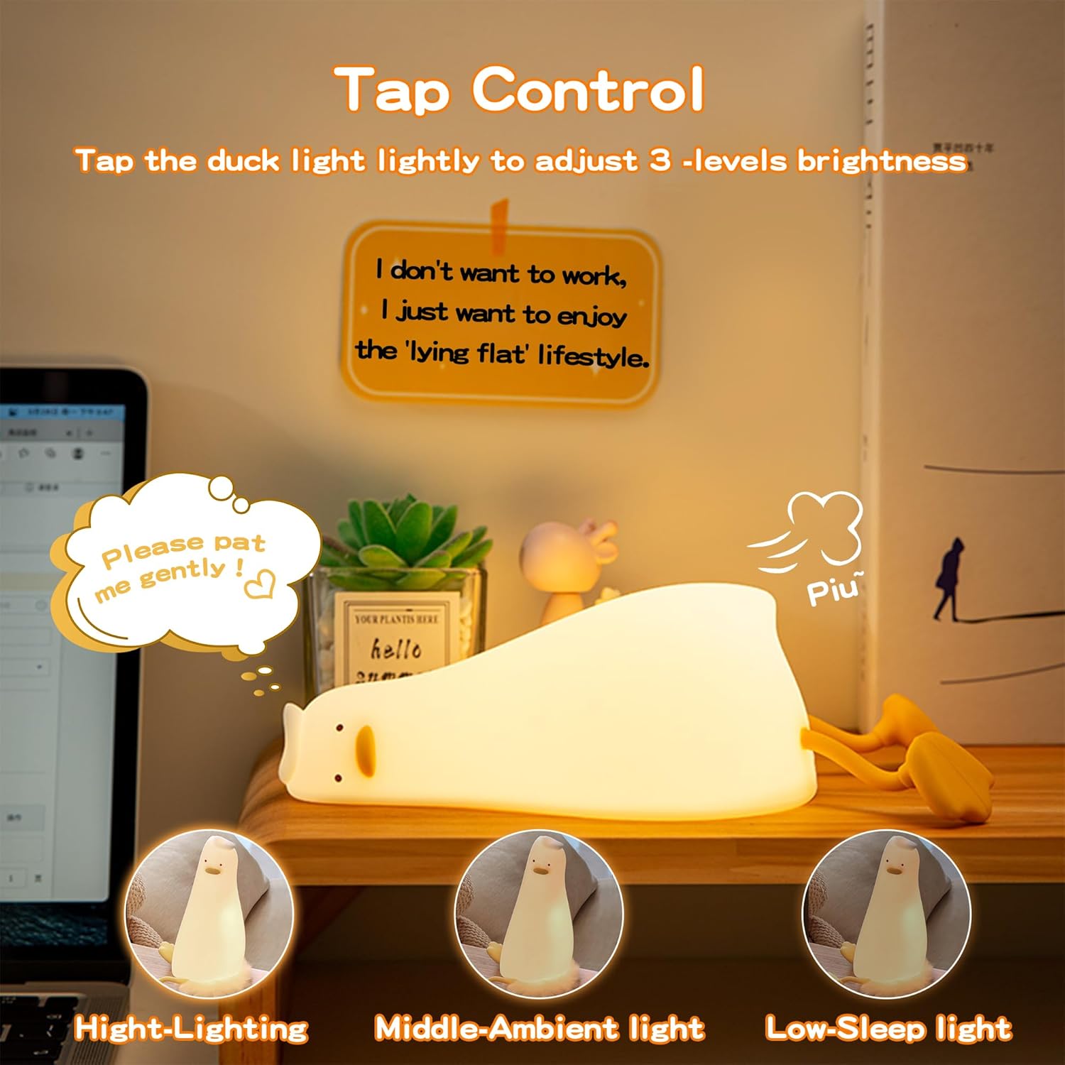Lying Flat Duck Silicone Night Light, Cute Ducky Lamp with Gifts,Squishy Animal Nursery Nightlight
