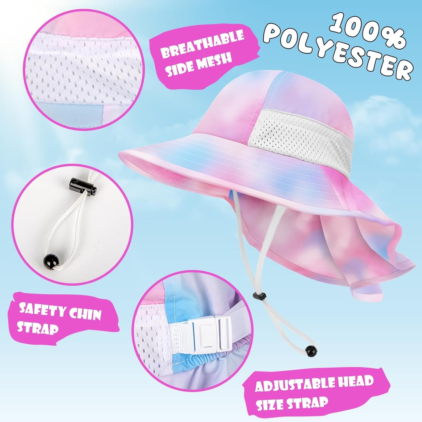 Toddler Baby Sun Hat Kids Summer UPF 50+ for Boys Girls Adjustable Beach Hats with Bucket Wide Brim