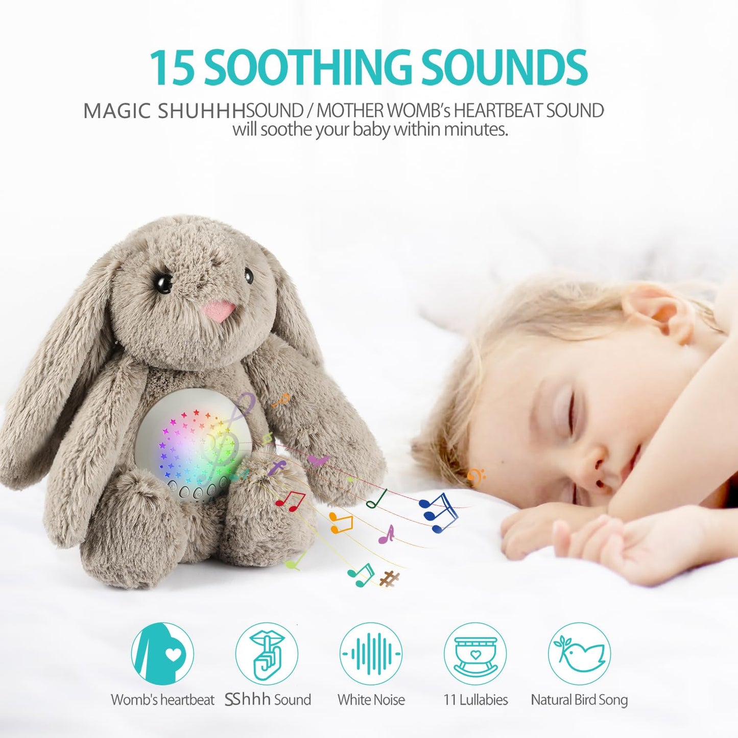 BEREST Baby Sleep Soother Bedtime Bunny with Starry Projector Night Light, Plush Stuffed Animal for