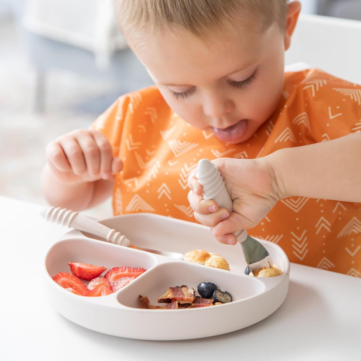 Bumkins Toddler Utensils, Kids Size Fork and Spoon Set, Silicone and Stainless-Steel Training