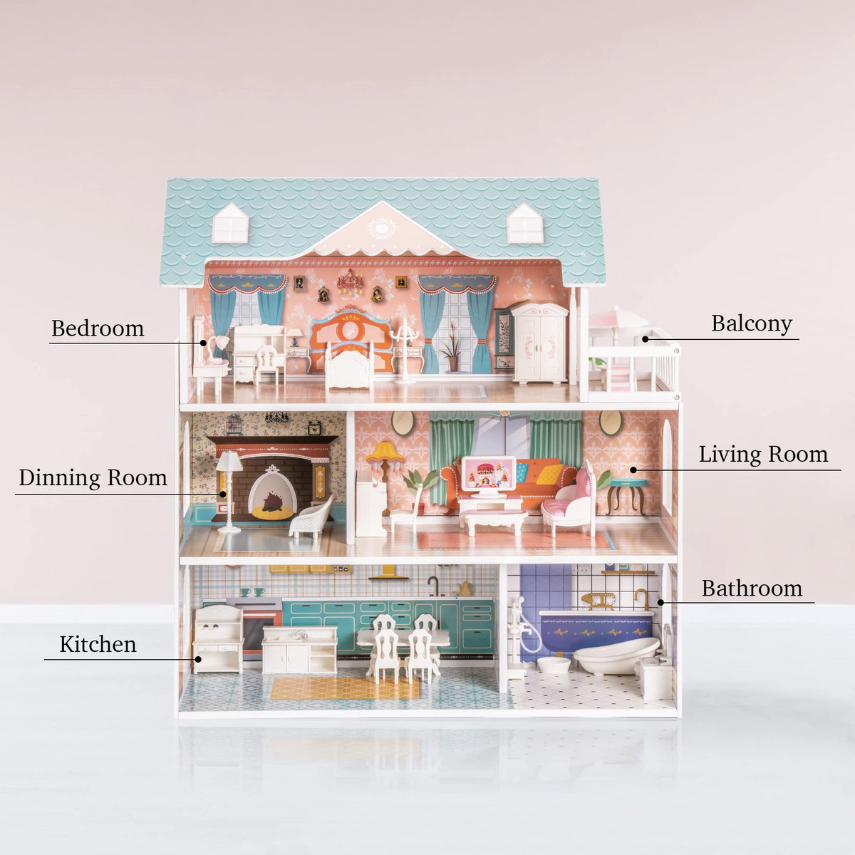 ROBOTIME Doll House Wooden Dollhouse for Kids 3 4 5 6 Years Old, Doll House w/28PCS Furniture