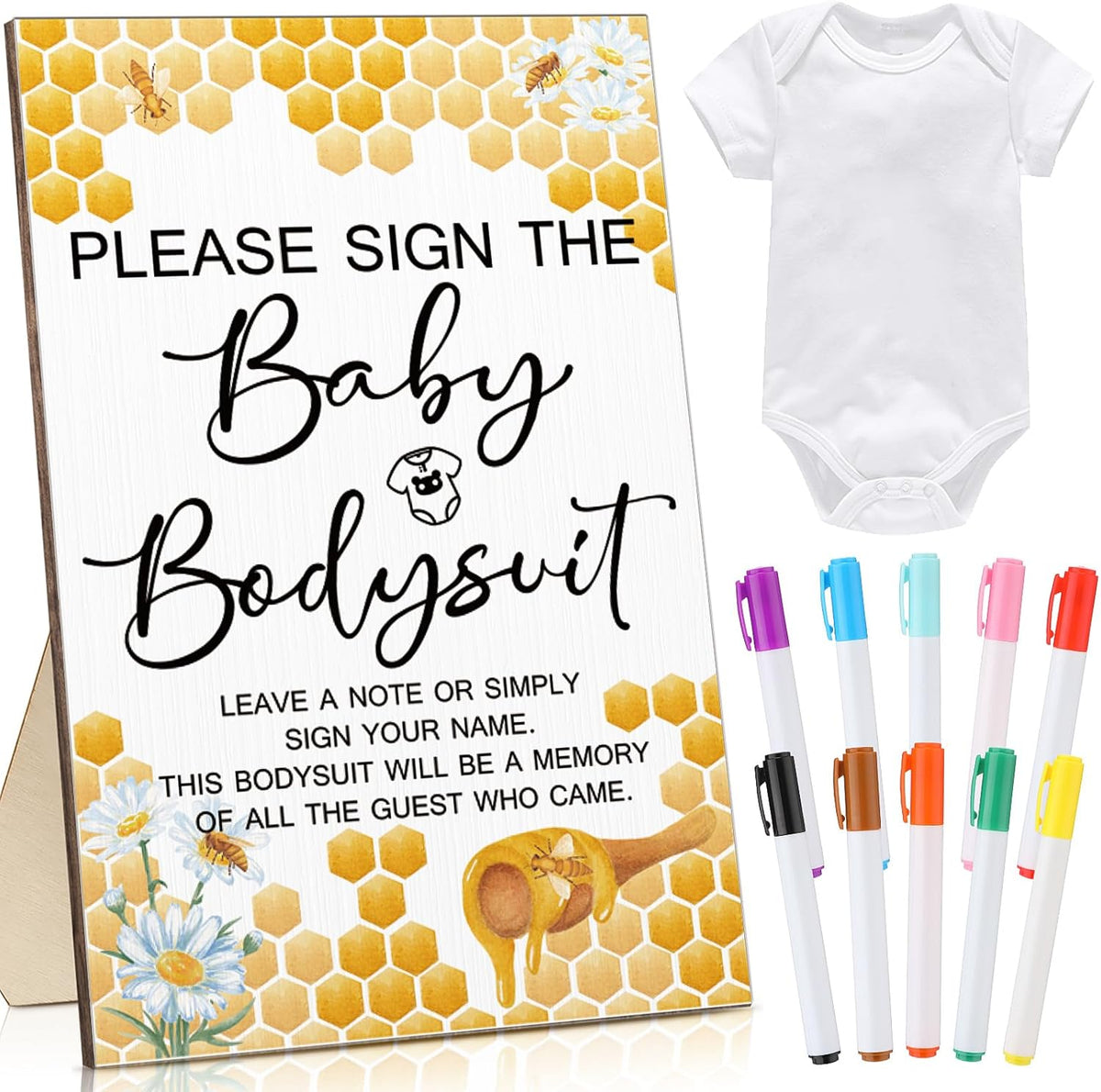 Qunclay 12 Pcs Baby Bodysuit Baby Shower Game Include 1 Game Wooden Sign Tabletop Decor 1 White