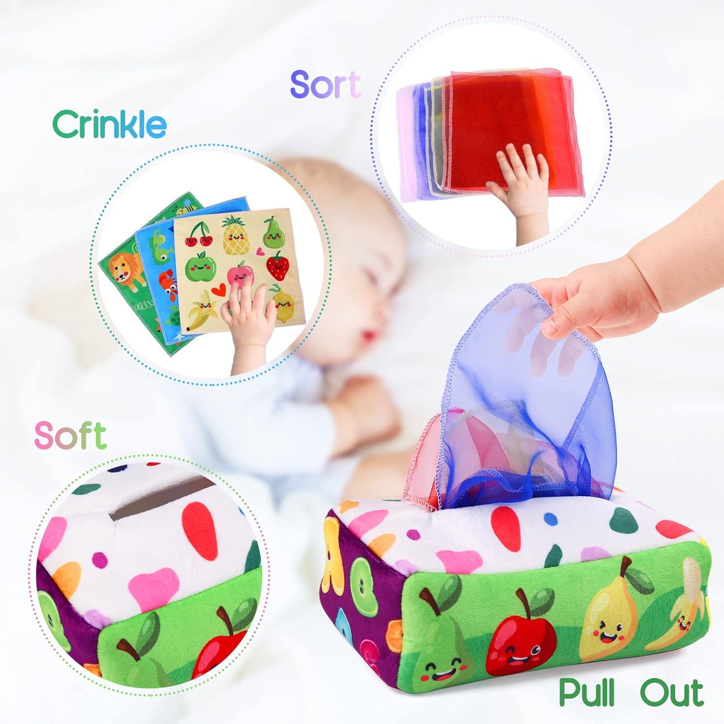 Baby Toys 6 to 12 Months - Tissue Box Toy Montessori for Babies 6-12 Months, Soft Stuffed High