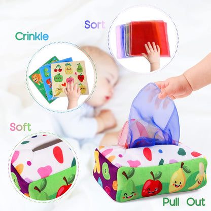Baby Toys 6 to 12 Months - Tissue Box Toy Montessori for Babies 6-12 Months, Soft Stuffed High